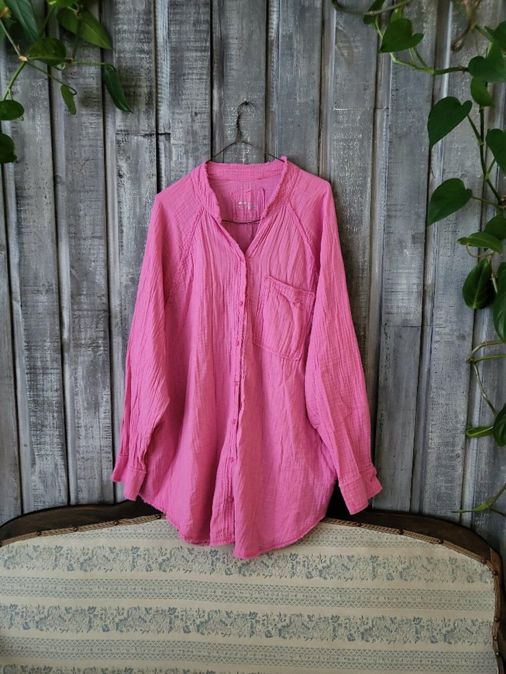 Aerie Pink Cotton Gauze Distressed Button Down Shirt Raw Edge M Oversized Fit